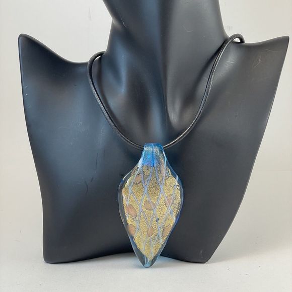 Vermeil & Dichroic Glass Pendant Blue  On Robert Lee Morris Black Cord Necklace - Picture 14 of 15